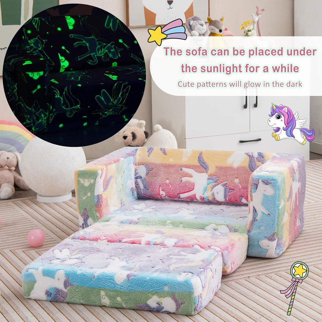 HONEY JOY Toddler Couch, 2-in-1 Convertible Sofa to Lounger, Glow in The Dark, Extra Soft Flip Open Fold Out Chair & Sleeper, Kids Playroom Furniture, Foam Sofa for Boys & Girls, Pink