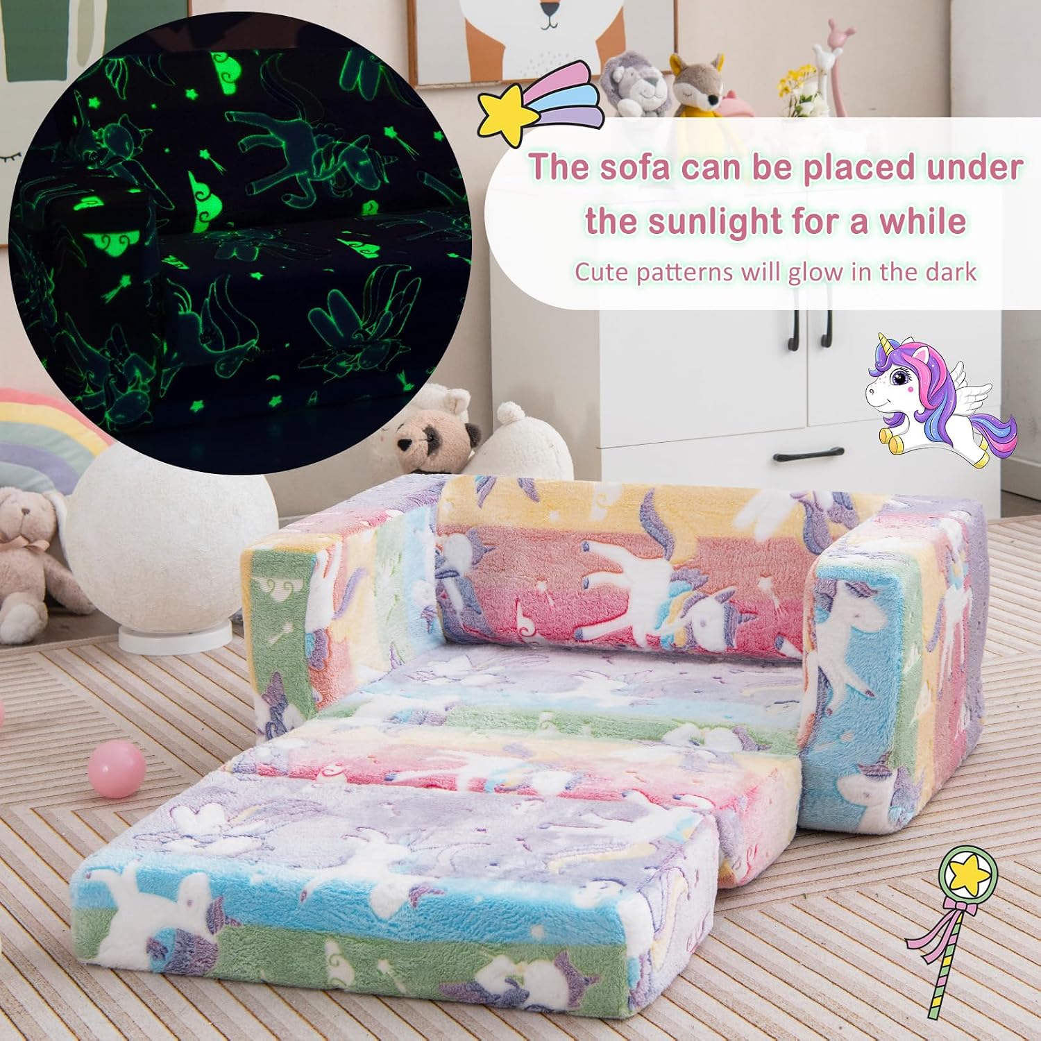 HONEY JOY Toddler Couch, 2-in-1 Convertible Sofa to Lounger, Glow in The Dark, Extra Soft Flip Open Fold Out Chair & Sleeper, Kids Playroom Furniture, Foam Sofa for Boys & Girls, Pink
