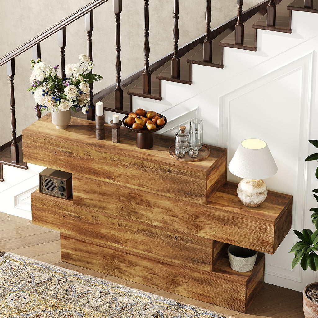 knoworld 63 Inch Farmhouse Console Table with 4 Tier Storage, Rustic Wooden Sofa Table Behind Couch, Unique Staggered Entryway Table for Living Room, Long Hallway Foyer Table, Walnut