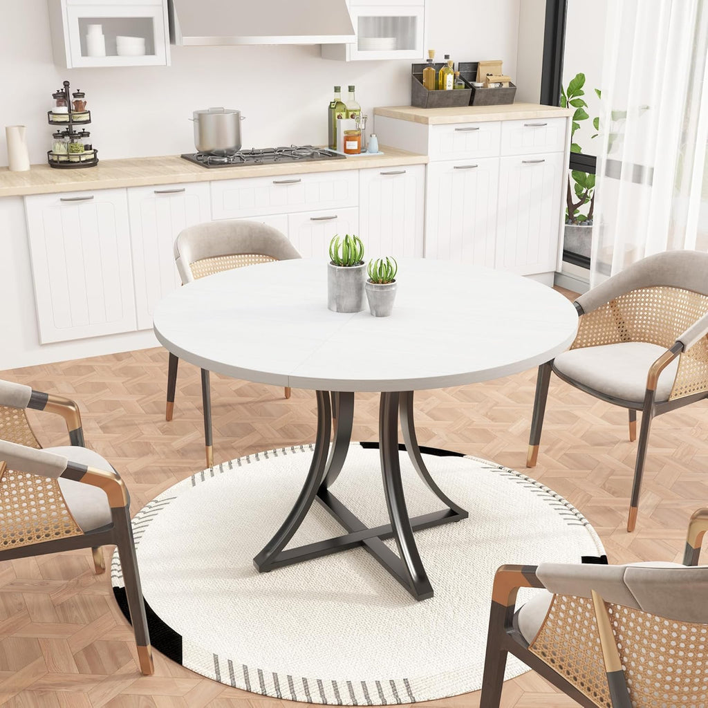 Modern Industrial Round Dining Table 47 Inch, x-Shaped Stable Pedestal, Space-Saving Small Kitchen Table for 4-6 People, Easy to Assemble for Dining Room Living Room,White