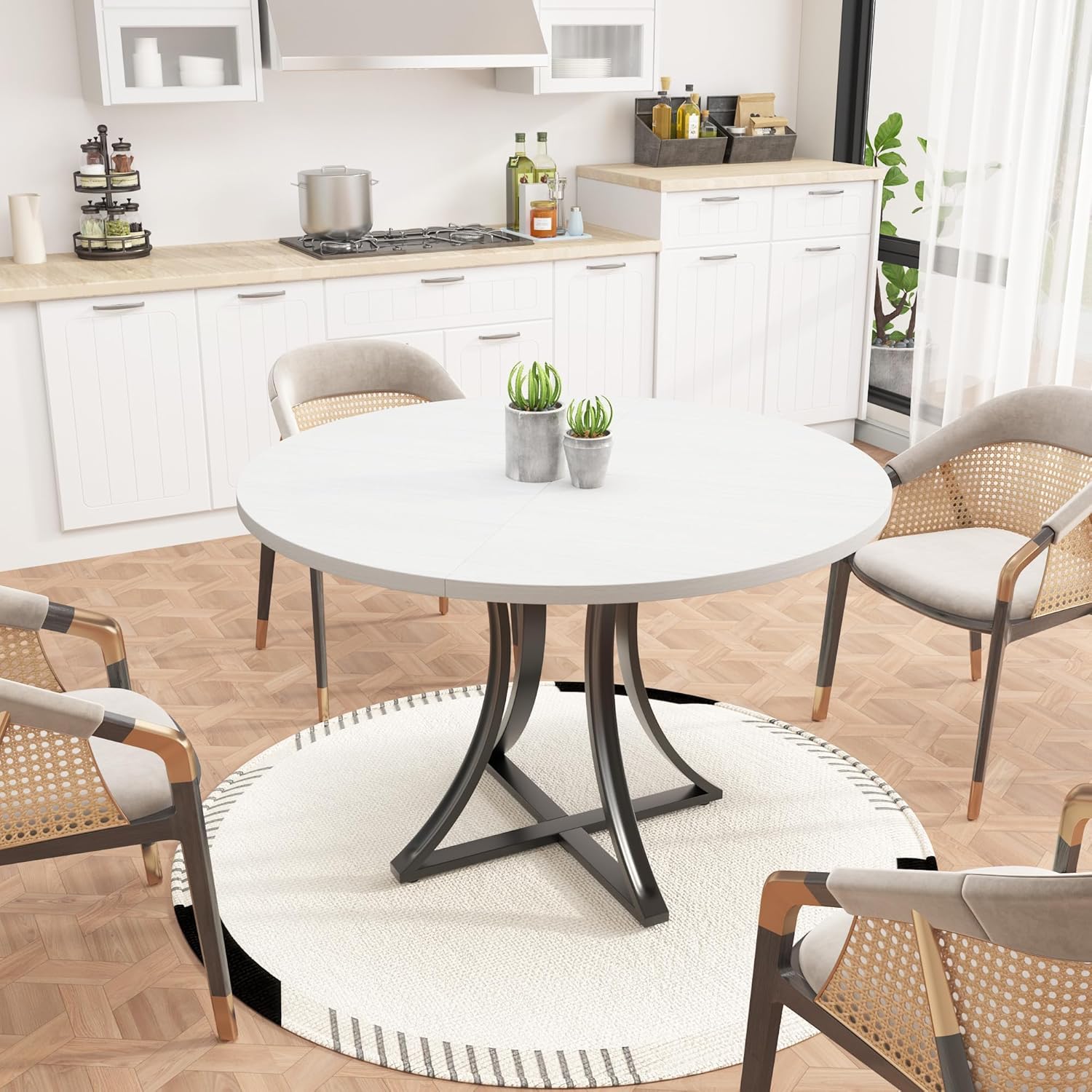 Modern Industrial Round Dining Table 47 Inch, x-Shaped Stable Pedestal, Space-Saving Small Kitchen Table for 4-6 People, Easy to Assemble for Dining Room Living Room,White