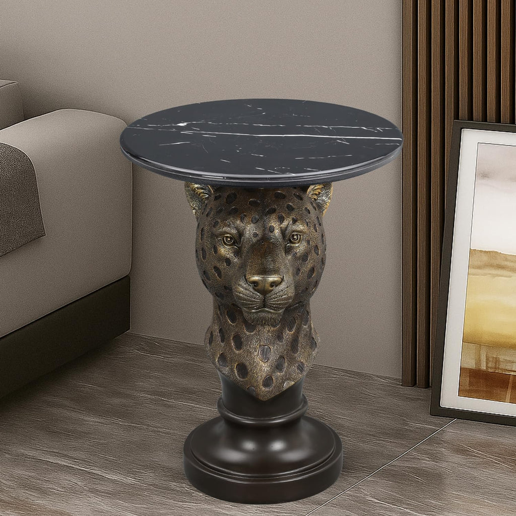 Bronze Leopard Side Table - End Table with Faux Marble Top Unique Leopard Statue Decor for Living Room Bedroom Entryway Elegant Animal Sculpture Gothic Home Decor