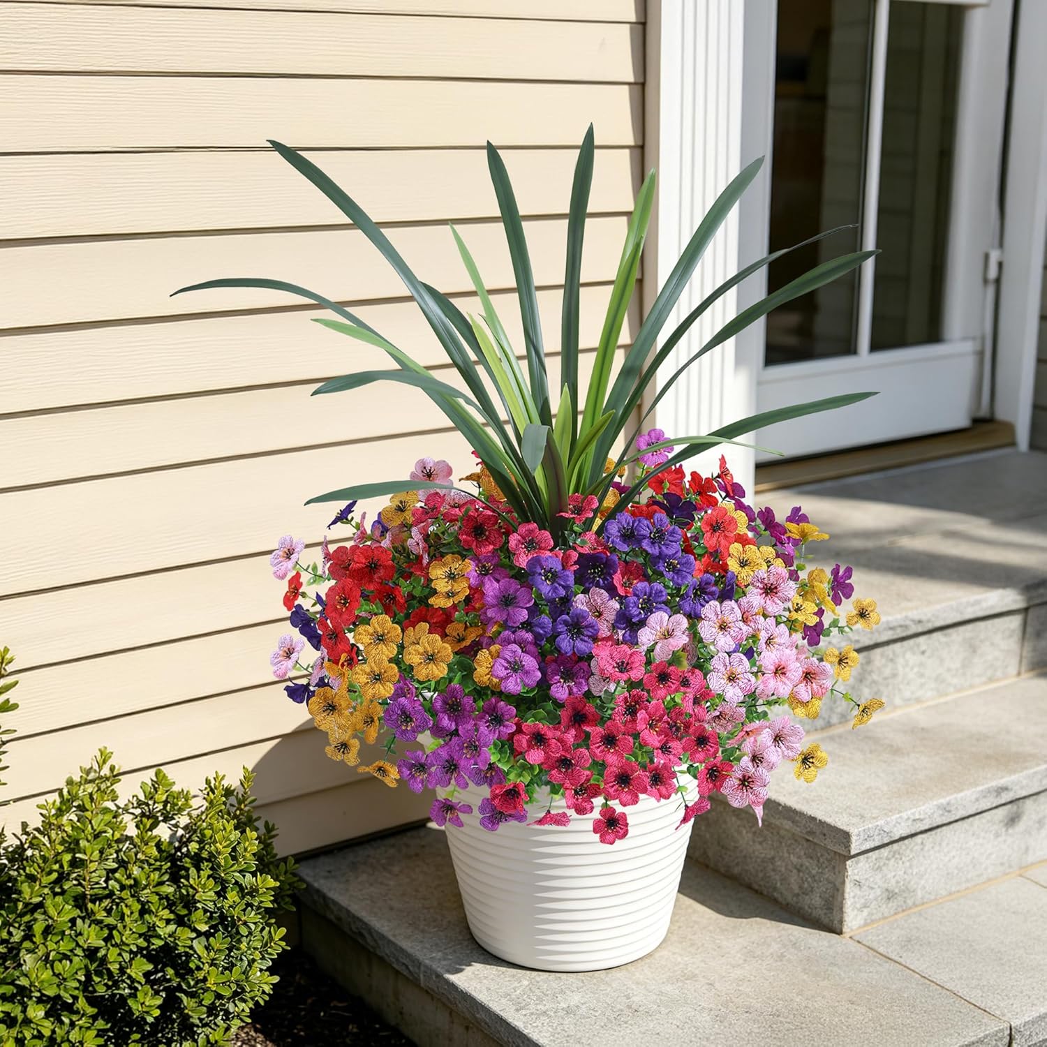 INSPRING Artificial Flowers for Outdoors, UV Resistant 12 Bundles Silk Flower Daisy with Eucalyptus + Orchid Leaf, Realistic Faux Outdoor Flowers for Porch Planter Garden Patio Boxwood (6 Multicolor)