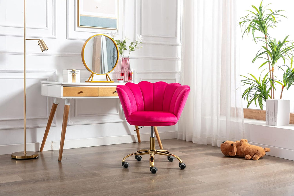 Comfy Home Office Task Chair with Wheels, Cute Modern Upholstered Velvet Seashell Back Adjustable Swivel Vanity Desk Chair, for Women, for Girls,Living Room (Rose red)