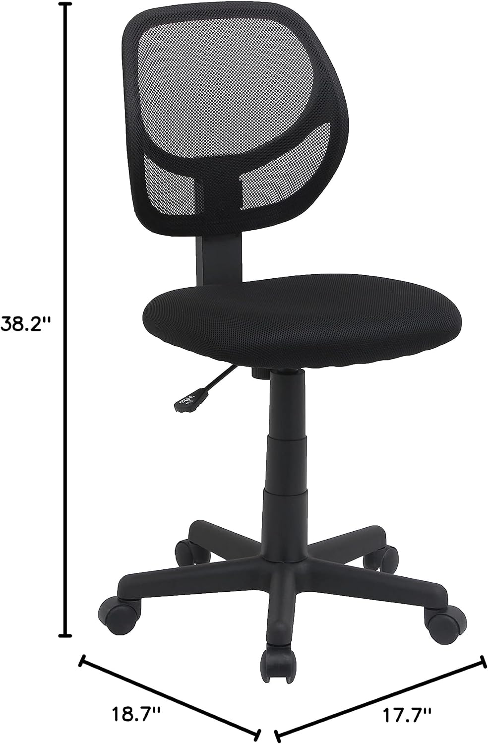 Amazon Basics Low Back Office Chair, Breathable Mesh, Height Adjustable, Padded Seat, Rolling Wheels, Swivel, Back Support, Sturdy, 21.25" D x 22.5" W x 38" H, Black