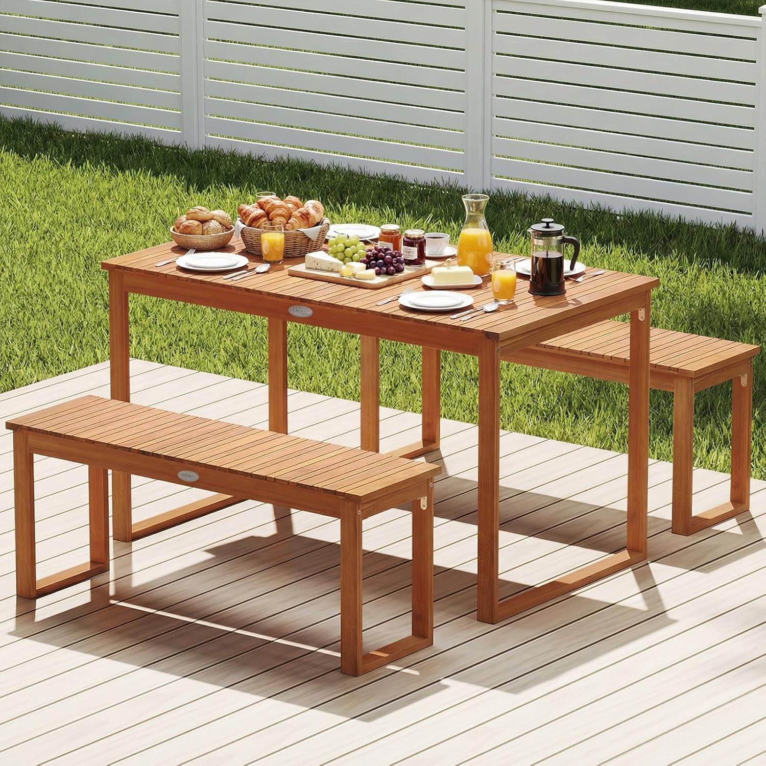 Tangkula Acacia Wood Outdoor Bench Backless, 2-Person Wood Patio Bench with Slatted Seat, Outdoor Backless Dining Bench for Backyard, Poolside, Porch (43.5")