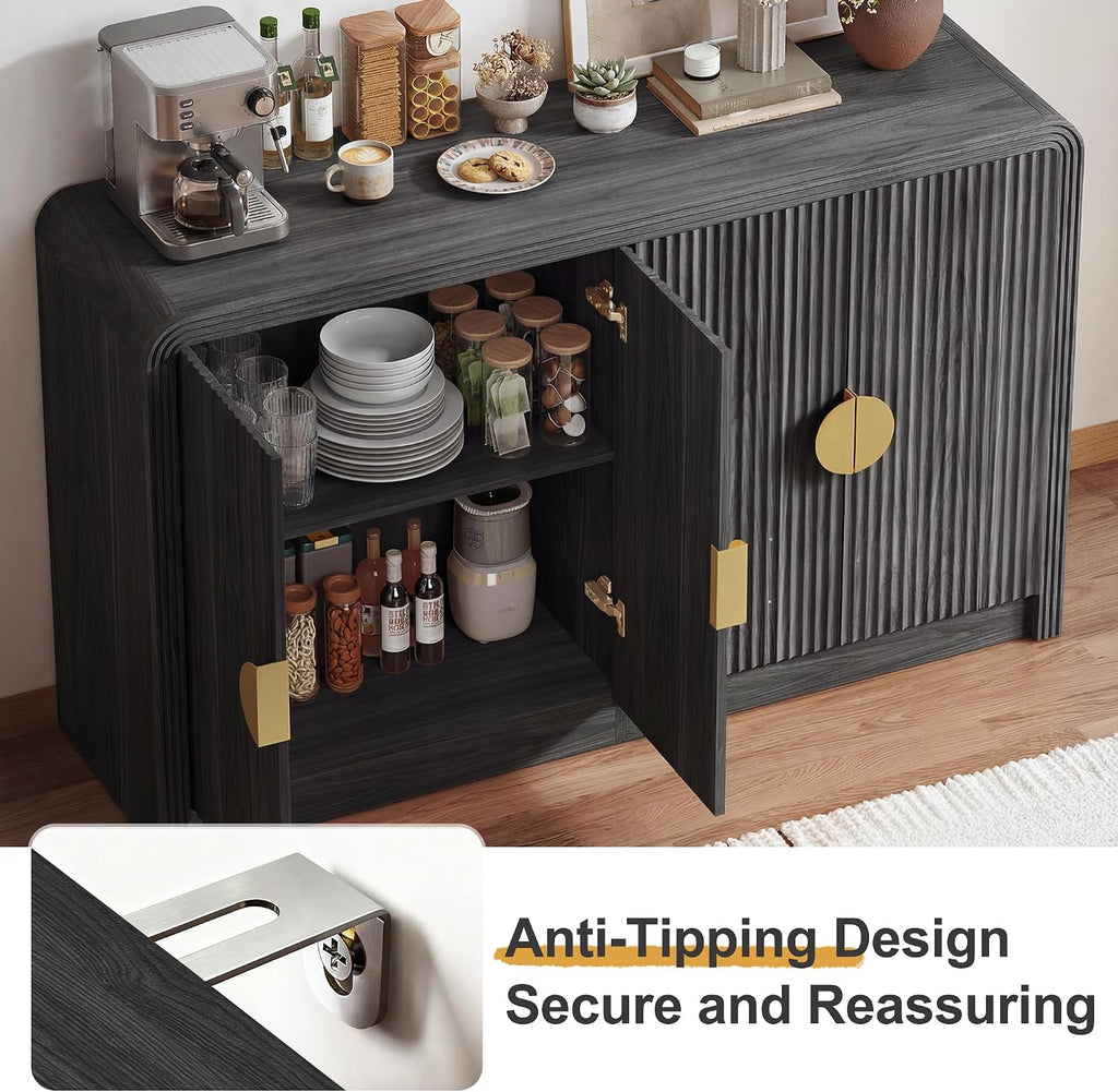 Fluted Sideboard Buffet Cabinet with Storage, Wooden Modern Console Cabinet with Adjustable Shelves & Rounded Corners, Coffee Bar Table for Dining Room, Hallway, Kitchen (Black Walnut)