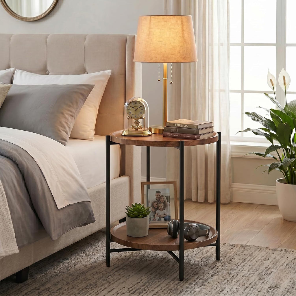 TeoKJ 2 Tier Small Side Table, Folding Round Metal End Table with Two Removable Wooden Tray, No Assembly Nightstand for Bedroom Living Room Bedside Round Bedside Table for Small Spaces, Walnut