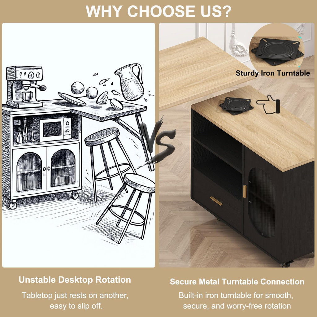 HSH 72" Rolling Kitchen Island with Seating, 360° Swivel Table, Kitchen Island with Storage Cabinet, Drawer & Shelves, Farmhouse Mobile Island Cart on Wheels for Dining Room & Home Bar, Black Oak
