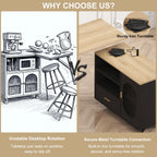 HSH 72" Rolling Kitchen Island with Seating, 360° Swivel Table, Kitchen Island with Storage Cabinet, Drawer & Shelves, Farmhouse Mobile Island Cart on Wheels for Dining Room & Home Bar, Black Oak