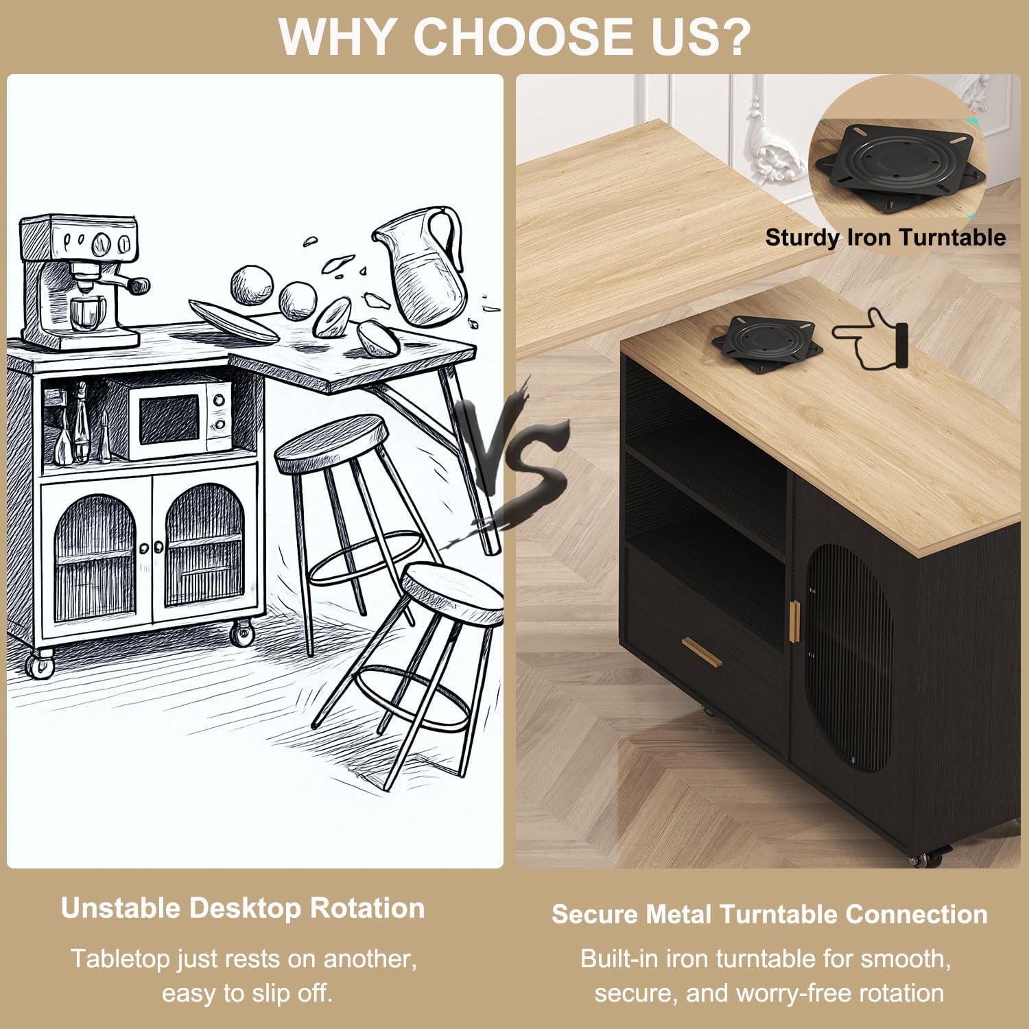 HSH 72" Rolling Kitchen Island with Seating, 360° Swivel Table, Kitchen Island with Storage Cabinet, Drawer & Shelves, Farmhouse Mobile Island Cart on Wheels for Dining Room & Home Bar, Black Oak