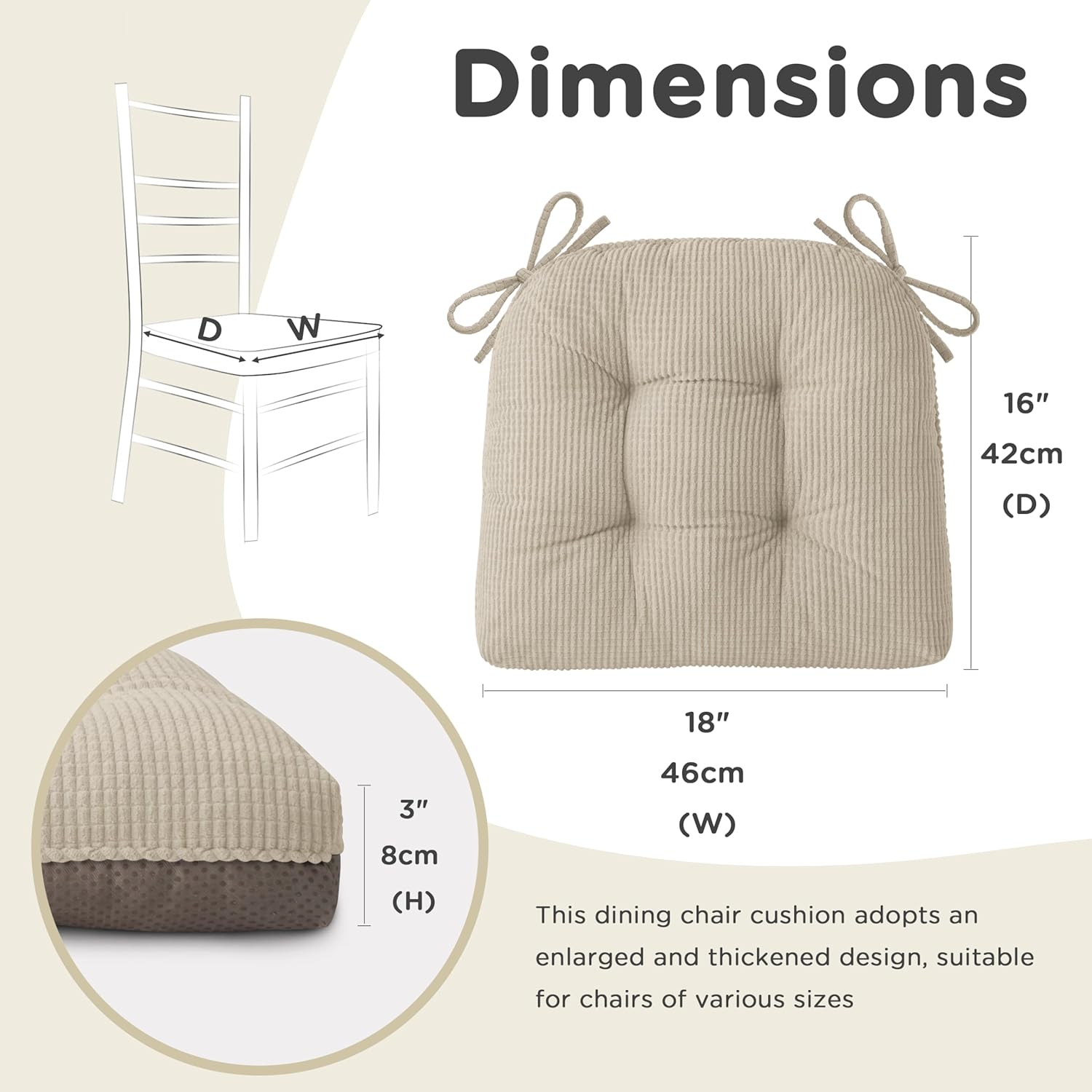 AddGrace Dining Chair Cushions Set of 4 Non-Slip Bottom Kitchen Chair Pads with Ties for Indoor Kitchen Furniture Comfy Soft Seat Cushions for Dining Room 18 x 16 x 3inch Cream