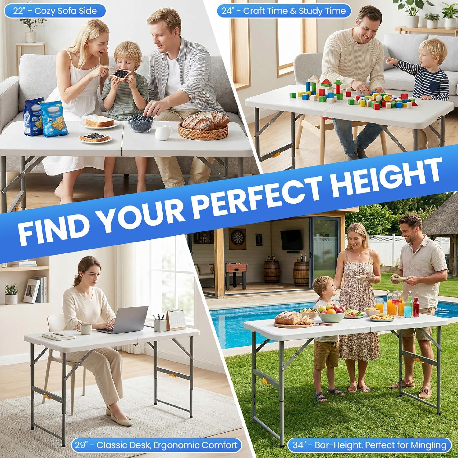 4 Foot Foldable Table with Built in Handle & Steel Legs, 4FT Portable Adjustable Height Heavy Duty Small Card Folding Table for Parties, Dining, Events, Picnic, Indoor & Outdoor, Camping, Utility