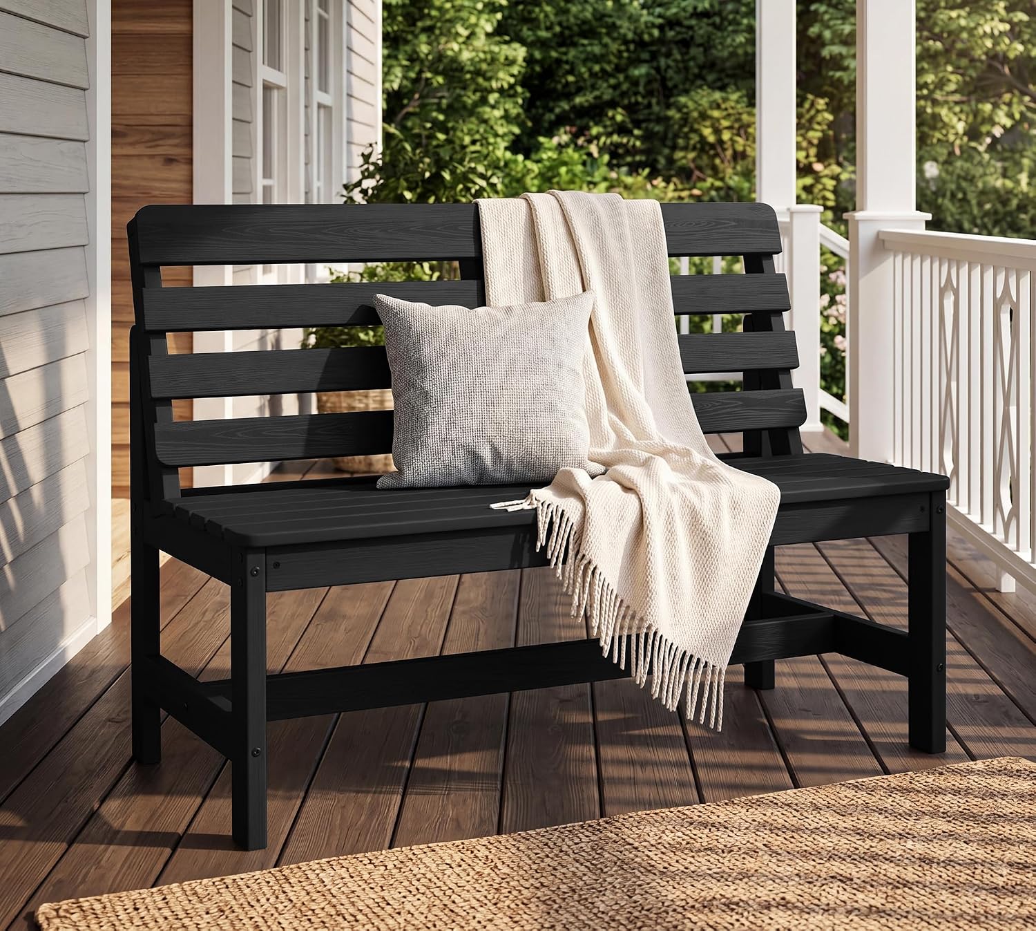 SERWALL Outdoor Bench, All Weather HDPE Outdoor Benches, 2-Person Armless Porch Bench with 600 lbs Weight Capacity, Patio Benches for Outdoors, Porch, Park and Dining, Black