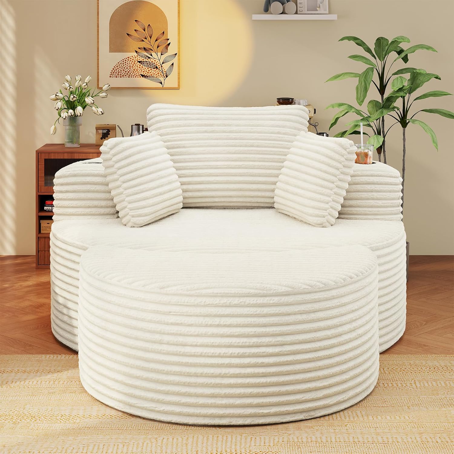 Round Chaise Lounge with Ottoman, Boneless Cloud Corduroy Curved Reading Lounge Sofa Chair with Cup Holders, Circle Memory Foam Chaise Chair and Ottoman Set for Study, Living Room, Sunroom, Beige