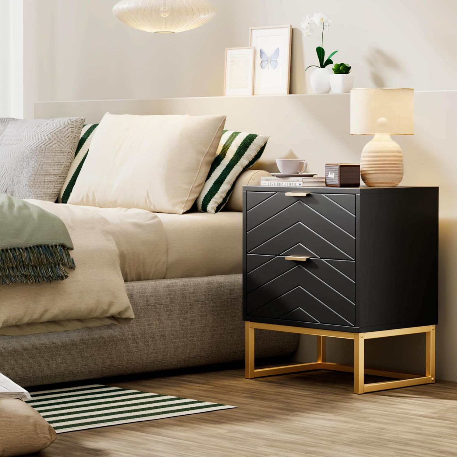 Black Nightstands Set of 2 Modern Night Stand Set 2 with 2 Drawers for Bedroom Bedside Night Tables with Gold Handles Side End Table with Gold Matel Legs