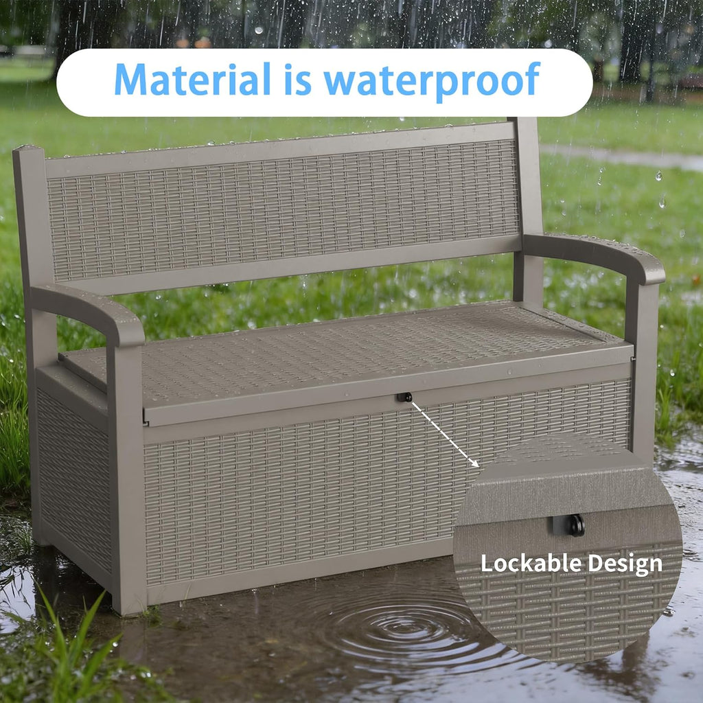 80 Gallon Resin Outdoor Storage Bench, Weatherproof Deck Box with Rattan Texture, 2-3 Person Garden Bench Seating for Patio Furniture, Pool Toys, Cushions, Lockable & 500lbs Capacity, Gray