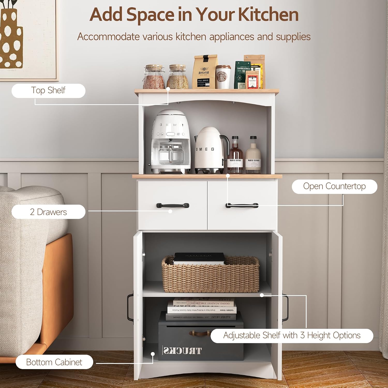 Kitchen Pantry Cabinet with Doors and Drawers, Storage Cabinet with Microwave Stand, Coffee Bar Hutch Cupboard Cabinet for Kitchen/Dining Room/Living Room