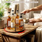 2 Pcs 9 Bottles Rotating Coffee Syrup Organizer, Large S Syrup Rack Carbon Steel Frame with Wooden Base Bottle Holder Stand for Coffee Bar Station, Turntable Wine Display Tray