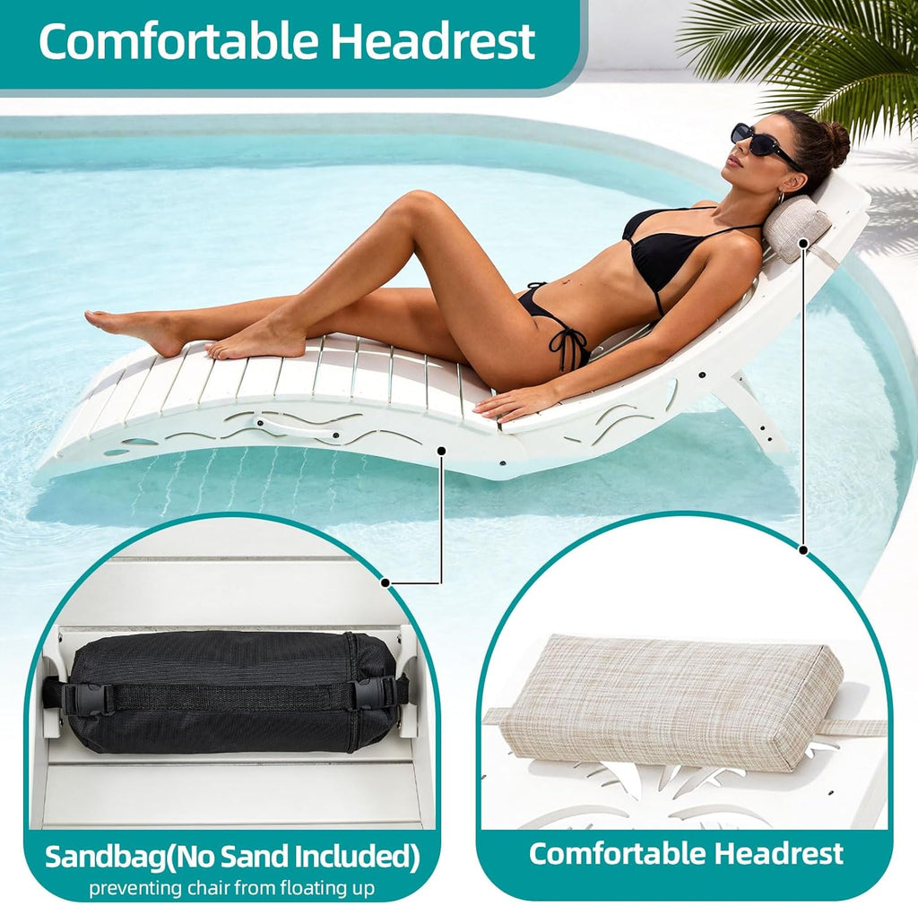 Folding in Pool Lounge Chair Set of 2, HDPE Fade Resistant Patio Chaise Sun Tanning Lounge Chairs, Ledge Lounger for Easy Carry, Palm Pattern for Beach Backyard Poolside Deck Wading Area White