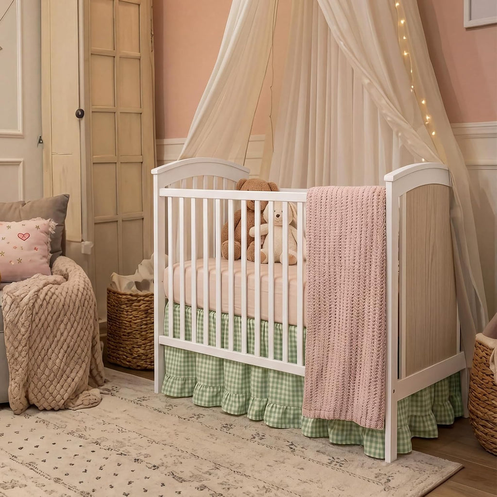 Gingham Crib Skirt Dust Ruffle 52 x 28 Inch 100% Washed Cotton Ruffle Plaid Baby Crib Bed Skirt Soft Farmhouse for Boys & Girls Nursery Bedding Decor, Fits Standard Cribs(Green)