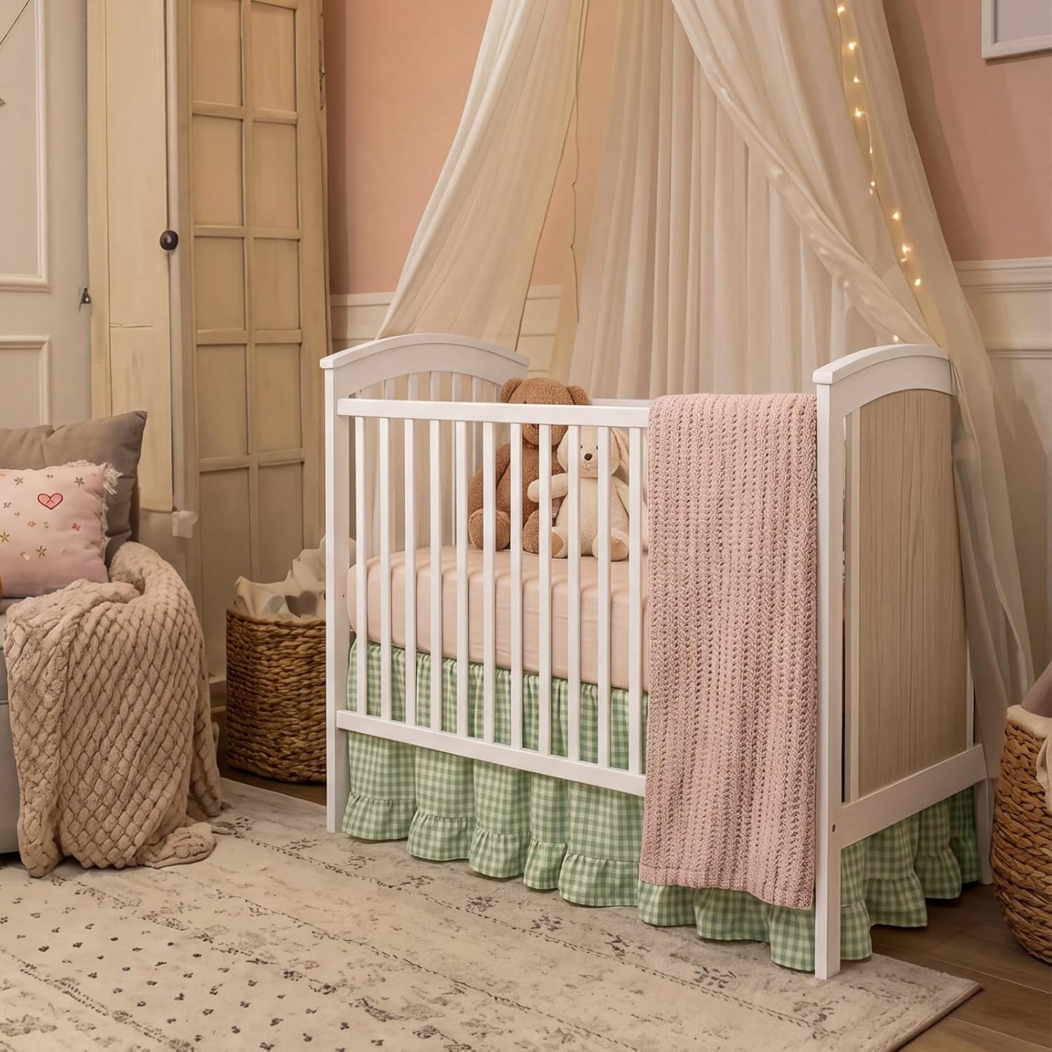 Gingham Crib Skirt Dust Ruffle 52 x 28 Inch 100% Washed Cotton Ruffle Plaid Baby Crib Bed Skirt Soft Farmhouse for Boys & Girls Nursery Bedding Decor, Fits Standard Cribs(Green)