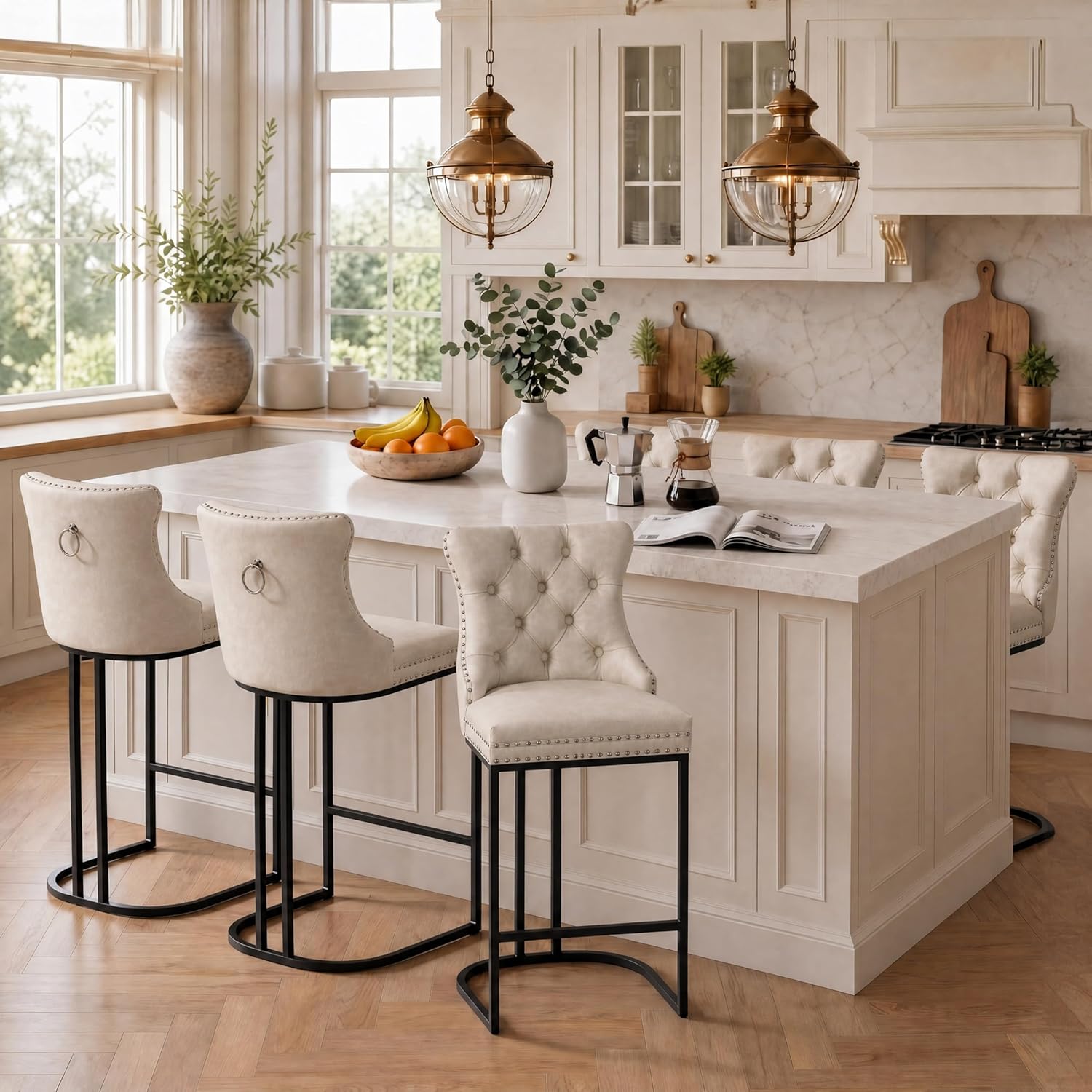 UVV Counter Height Bar Stools Set of 4, 26" Modern Barstools with Back, Faux Leather Upholstery Counter Chairs with Metal Legs for Kitchen Island, Bar, Counter, Beige