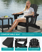 SERWALL Folding Adirondack Chair, Dual Cup Holders, Wood-Like Patio Chair for Backyard, Camping，Pool & Fire Pit- Black