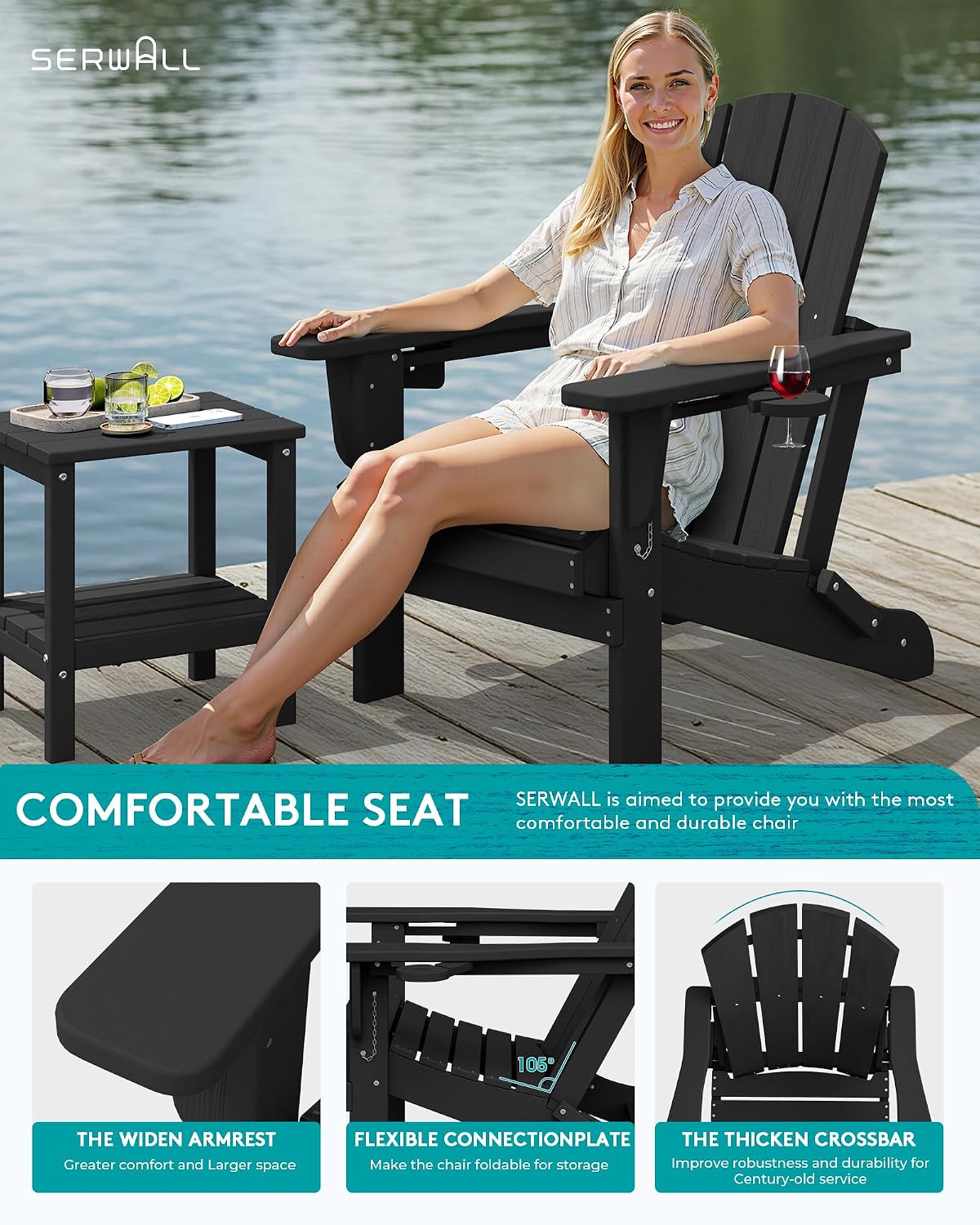SERWALL Folding Adirondack Chair, Dual Cup Holders, Wood-Like Patio Chair for Backyard, Camping，Pool & Fire Pit- Black