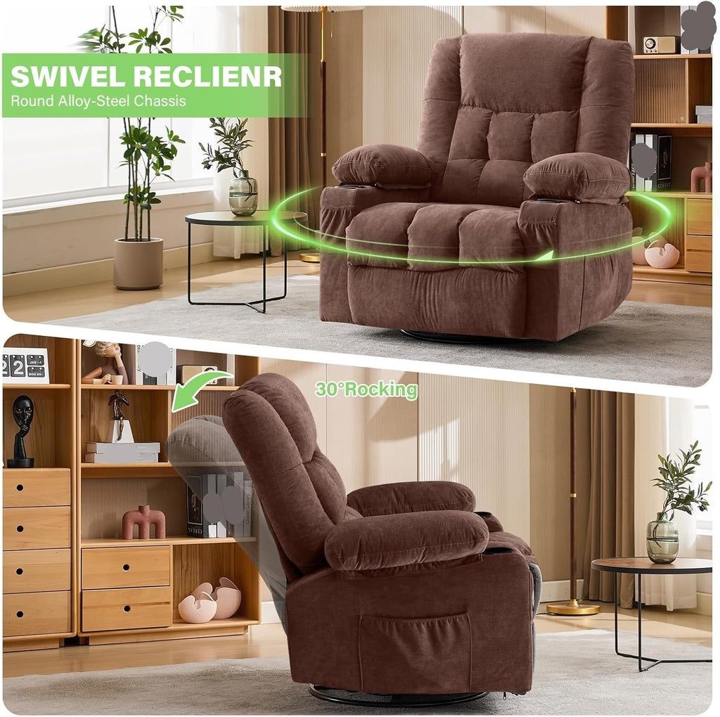 Oversized Swivel Rocker Recliner Chair for Adults, Manual Glider Recliner Sofa with Massage and Heat, Nursery Rocking Chair with Cup Holder and Side Pocket for Living Room