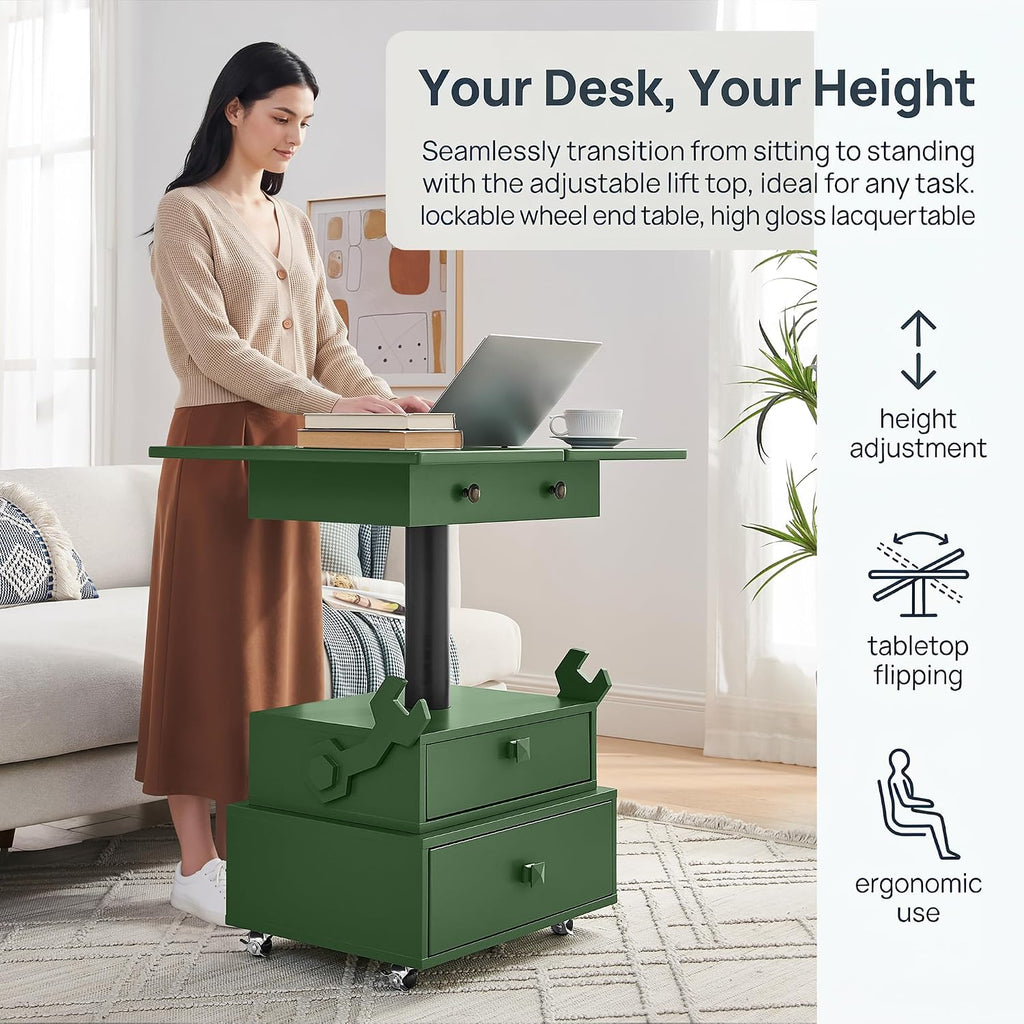 Polibi Multi-Functional Lift Top Side Table with USB Ports and AC Outlets, Height Adjustable Rolling End Table with Drawers, Flip-Top, Lockable Casters, High-Gloss for Small Spaces (Green)