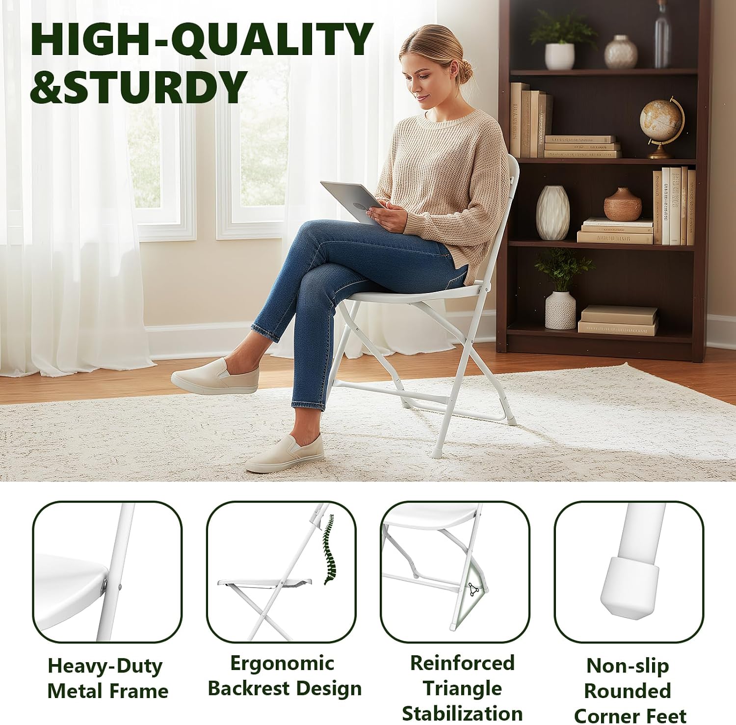 Folding Chairs 2 Pack, Outdoor Plastic Sturdy Metal Folding Chairs for Outside Indoor, Portable 350 lbs Capacity Heavy Duty Foldable Commercial Seating for Picnic, Party, Patio, Office, White Color
