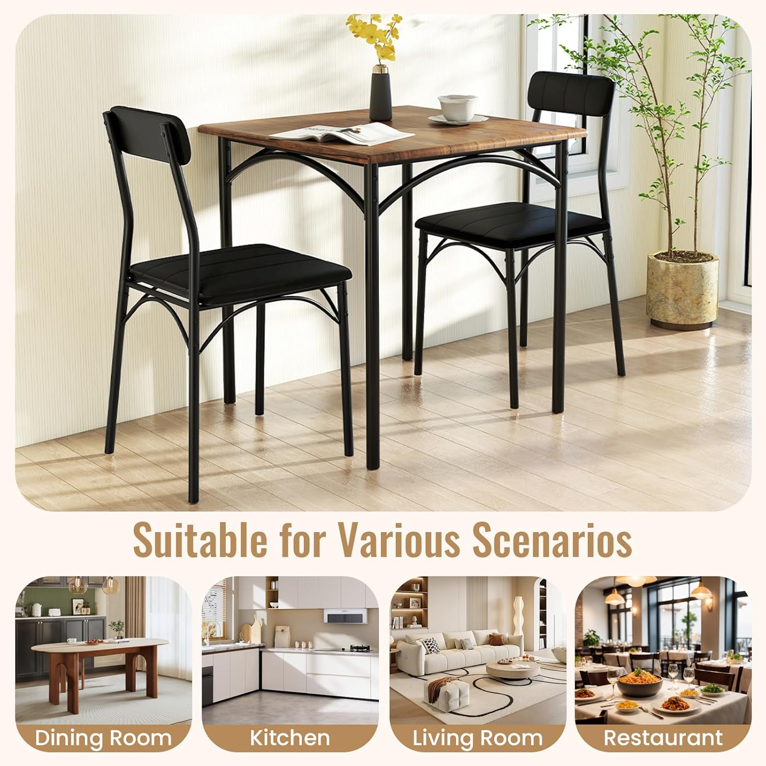 Giantex 3-Piece Dining Table Set, Square Kitchen Table with 2 Upholstered Armless Chairs, Padded Backrest, Metal Frame, Space-Saving Dinette Set for Small Spaces, Living Room, Dining Room