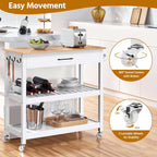 Yaheetech Kitchen Island Cart on Wheels with Bamboo Tabletop, 3-Tier Rolling Kitchen Island Microwave Cart with Drawer, Detachable Towel, 3 Hooks, 17" D x 37.5" W, White
