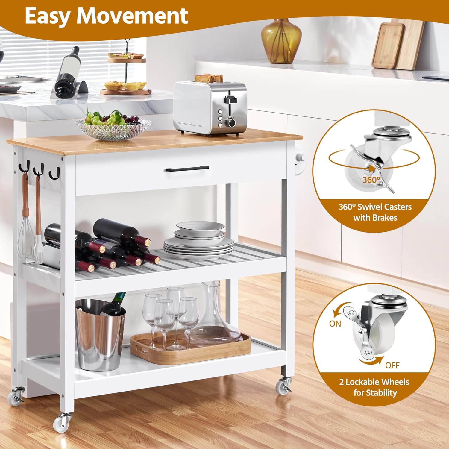 Yaheetech Kitchen Island Cart on Wheels with Bamboo Tabletop, 3-Tier Rolling Kitchen Island Microwave Cart with Drawer, Detachable Towel, 3 Hooks, 17" D x 37.5" W, White