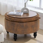 30 Inch PU Leather Round Storage Ottoman with Tray, Modern Upholstered Tufted Coffee Table with Storage, Large Ottoman Footrest Stool for Living Room, Bedroom, Dorm, Light Brown