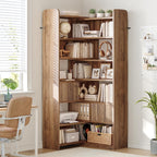 DurayLoly 75" Tall Corner Bookshelf, 7 Tiers Wood Bookcase with 2 Enclosed Storage Cabinet, Adjustable Corner Cabinet for Living Room, Home Office, Bedroom, Kitchen, Brown