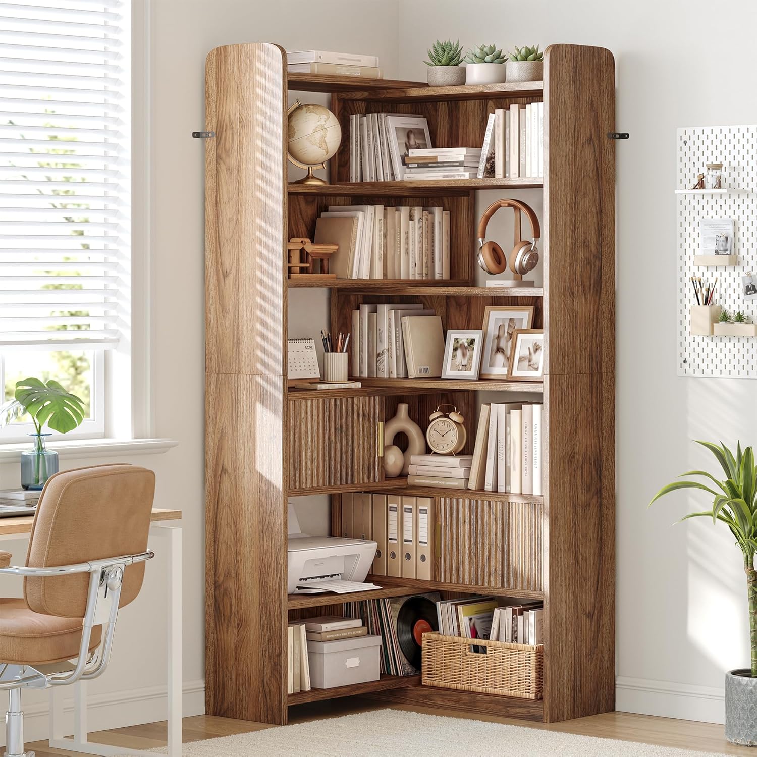 DurayLoly 75" Tall Corner Bookshelf, 7 Tiers Wood Bookcase with 2 Enclosed Storage Cabinet, Adjustable Corner Cabinet for Living Room, Home Office, Bedroom, Kitchen, Brown