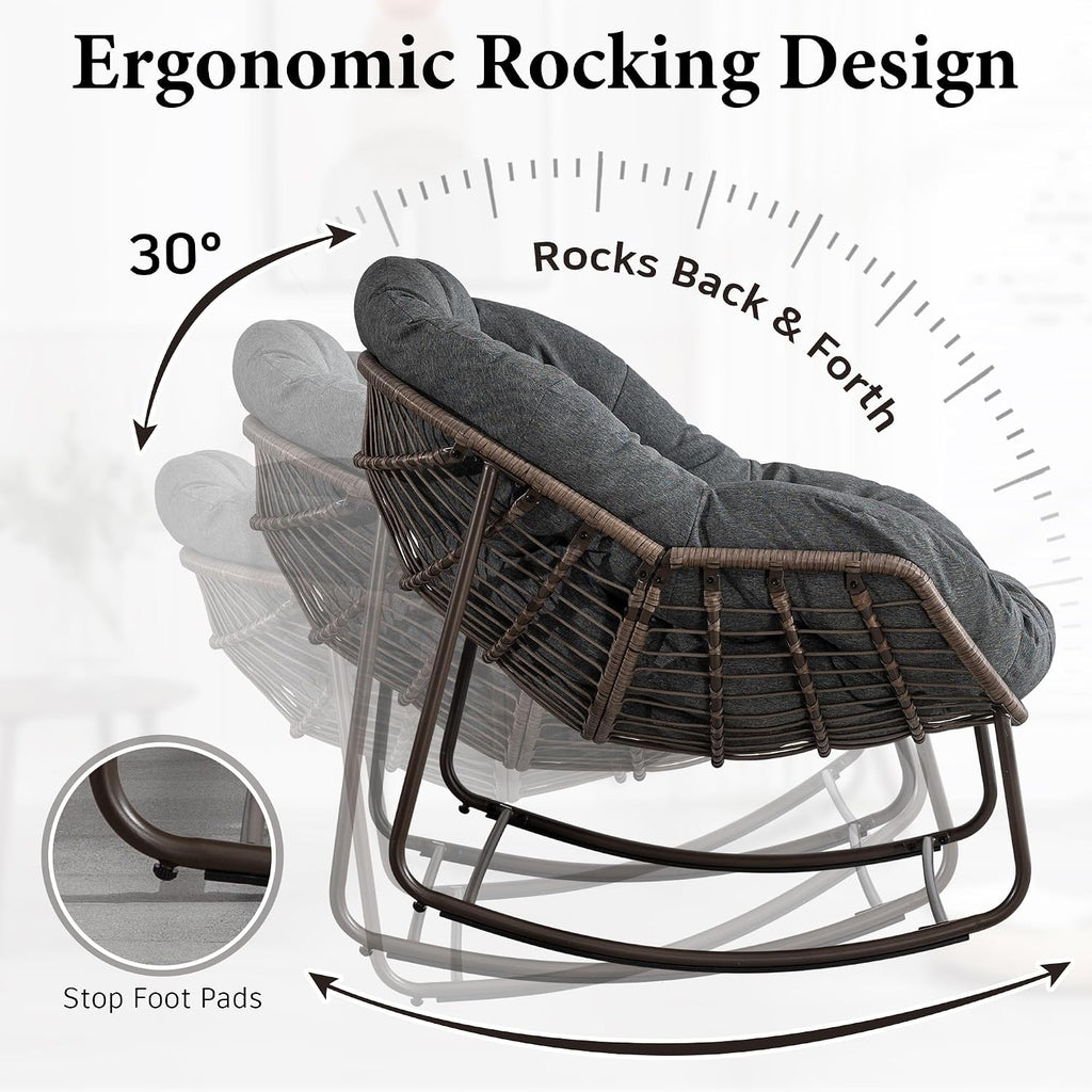 Outdoor Patio Rocking Chair, Oversized Papasan Chair with Cushion and Frame, Comfy Rattan Wicker Egg Chairs Indoor, Modern Lounge Rocker for Front Porch Living Room Bedroom (Dark Grey, Set of 1)