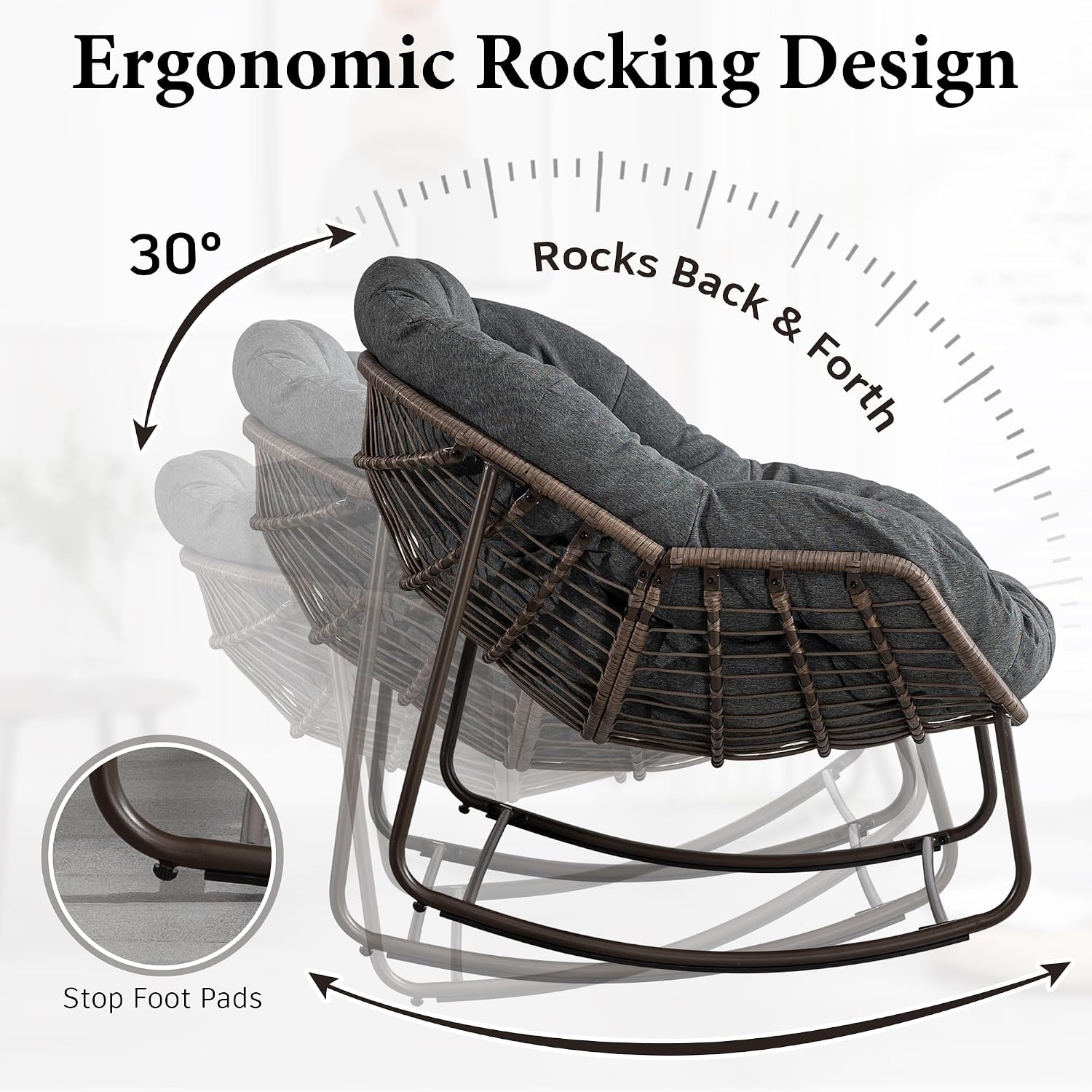 Outdoor Patio Rocking Chair, Oversized Papasan Chair with Cushion and Frame, Comfy Rattan Wicker Egg Chairs Indoor, Modern Lounge Rocker for Front Porch Living Room Bedroom (Dark Grey, Set of 1)