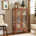 44" Small Lighted Glass Accent Curio Cabinet, Vintage China Cage with 2 Tempered Glass Doors & Adjustable Shelves, Acrylic Mirrored Pane, Elegant Wine Artwork Showcase Rack for Living Room (Dark Oak)