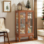 44" Small Lighted Glass Accent Curio Cabinet, Vintage China Cage with 2 Tempered Glass Doors & Adjustable Shelves, Acrylic Mirrored Pane, Elegant Wine Artwork Showcase Rack for Living Room (Dark Oak)