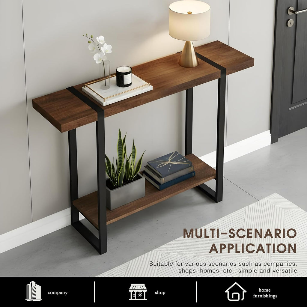 Solid Wood Console Table, 1.96" Thick Top Entryway Table, Narrow Sofa Table Behind Couch, Heavy Duty Industrial Hallway Table with Steel Frame, Rustic Farmhouse