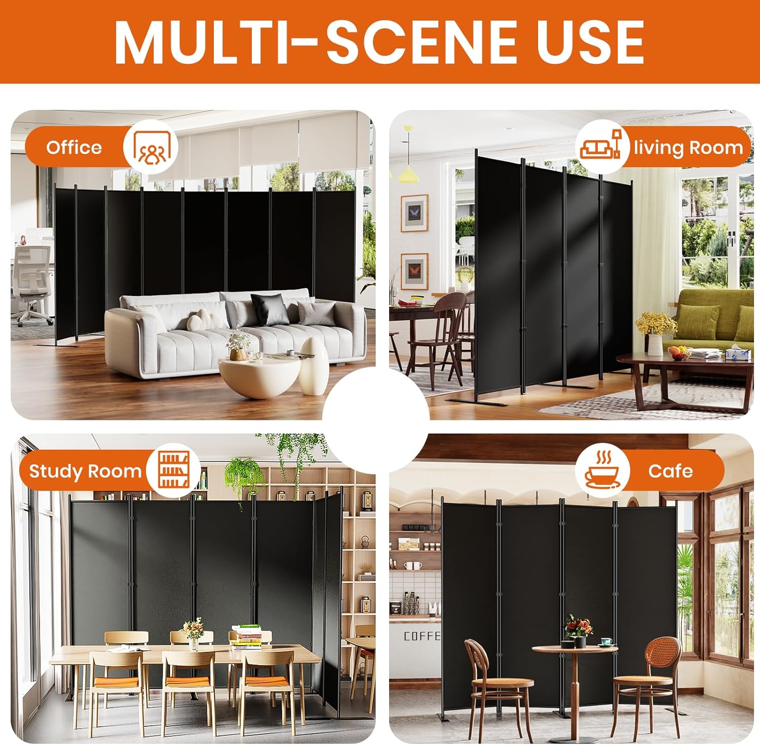 SUNALLY Room Divider 6FT Folding Privacy Screens, 4 Panel Fabric Divider for Room Separation, 88" W Freestanding Portable Wall Dividers Screen for Home Dorm Studio Office, Black
