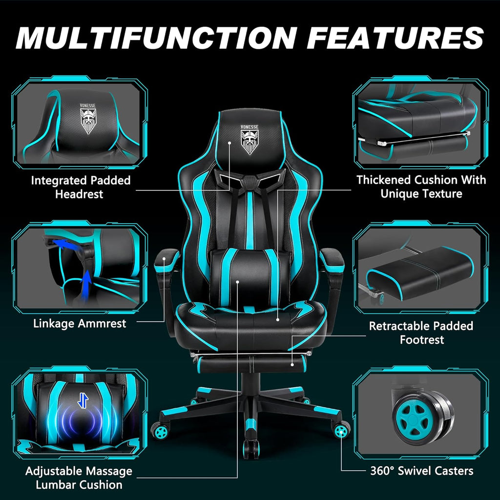 Vonesse Gaming Chairs for Adults, Gaming Chairs with Footrest and Massage, Reclining Computer Chair for Heavy People,Big and Tall Ergonomic Gamer Chair with Lumbar Pillow(Teal/Cyan)