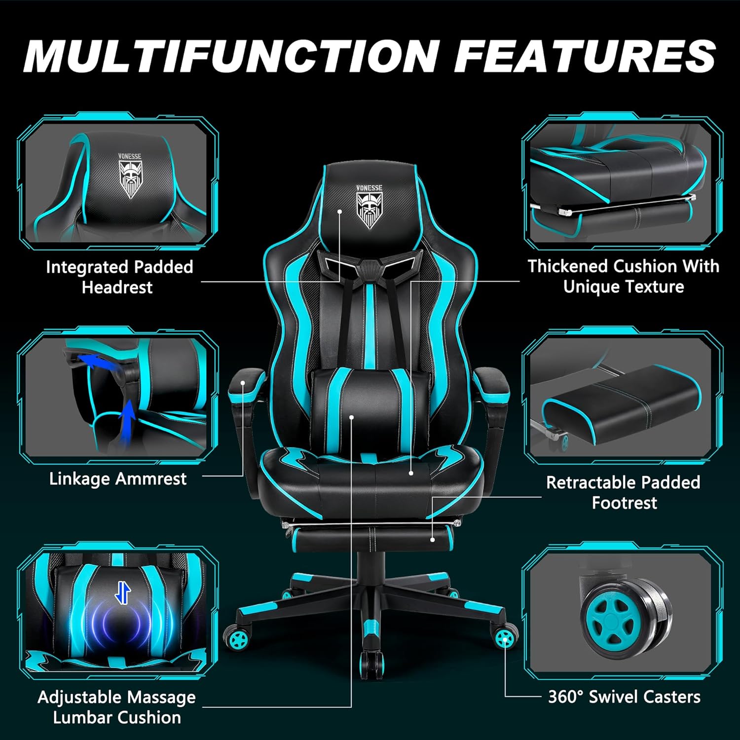 Vonesse Gaming Chairs for Adults, Gaming Chairs with Footrest and Massage, Reclining Computer Chair for Heavy People,Big and Tall Ergonomic Gamer Chair with Lumbar Pillow(Teal/Cyan)