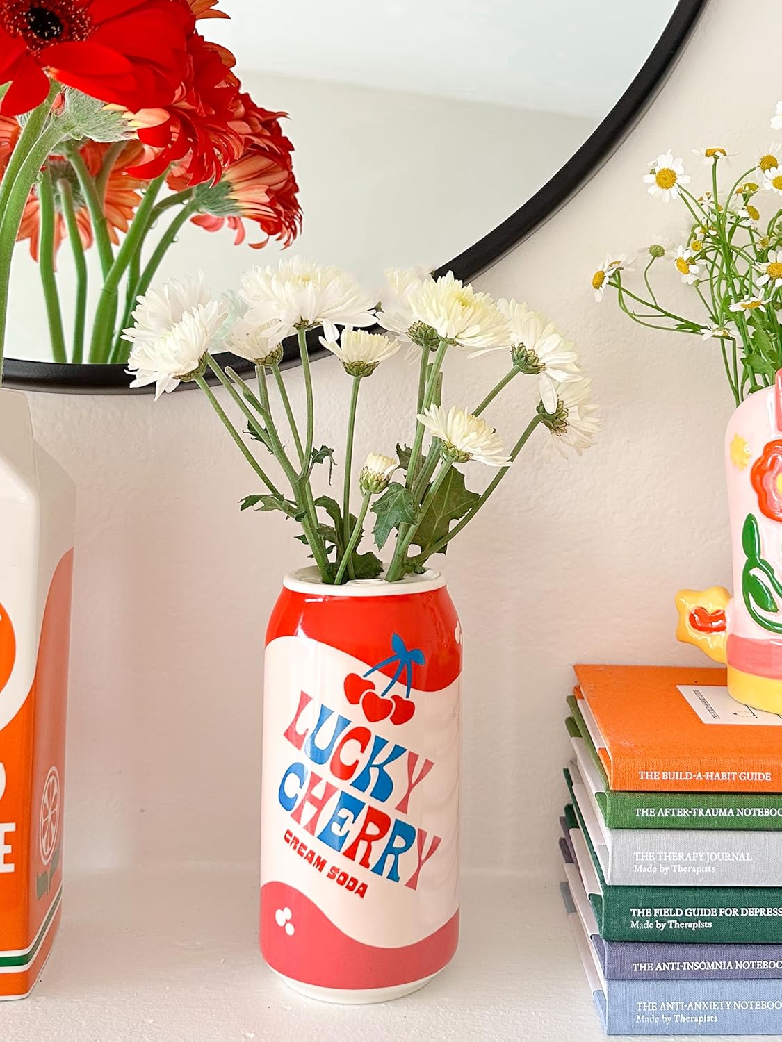 ban.do Small Ceramic Vase, Lucky Cherry Cream Soda Can | Petite and Colorful Retro Inspired Flower Vase or Shelf Decor for Aesthetic Food Theme Home Decor