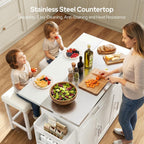Concho 56'' Rolling Kitchen Island with Seating and Stainless Steel Countertop, Mobile Kitchen Carts with Folding Drop Leaf, 2 Bar Stools, Power Outlet, Spice/Towel Rack, Zircon White