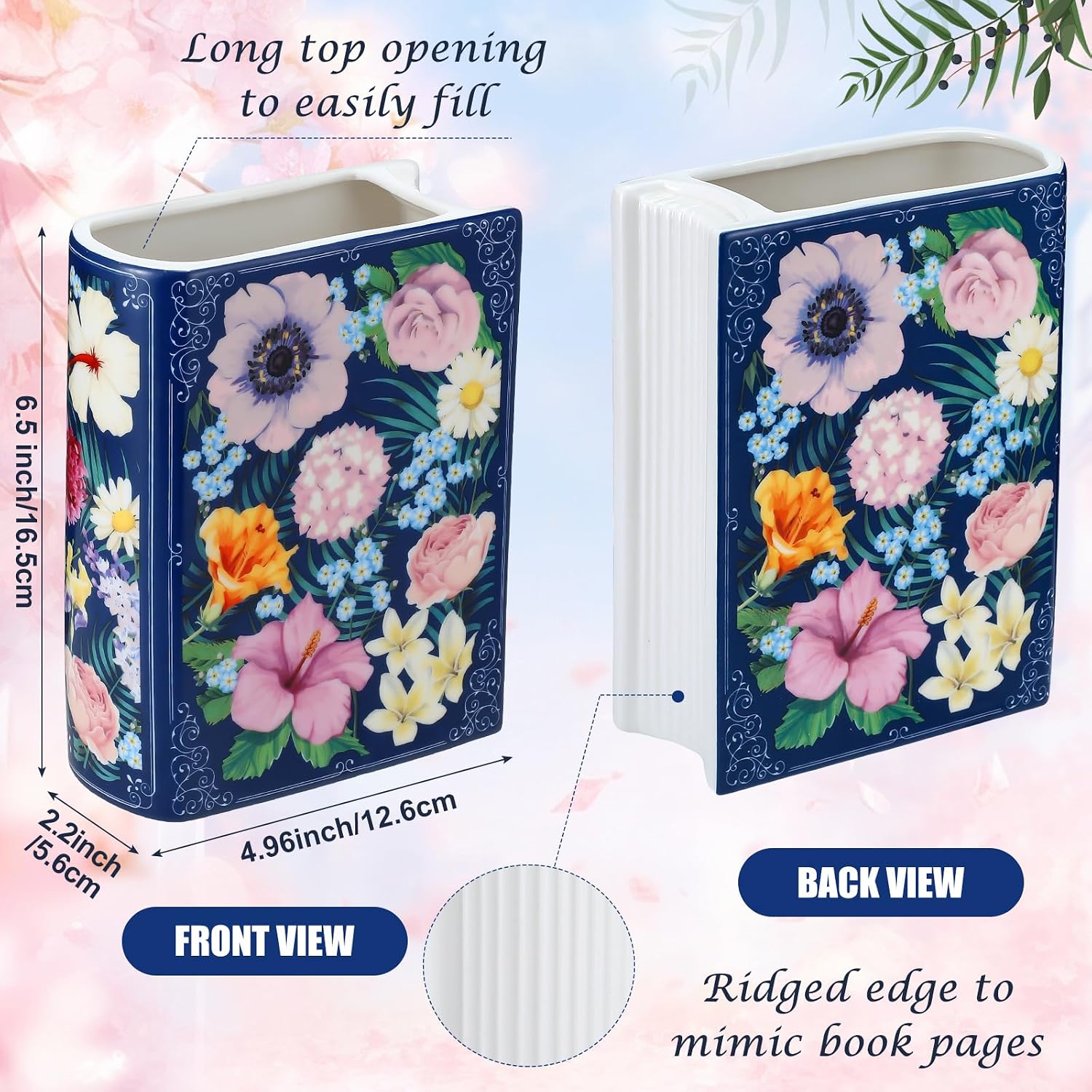 Uiifan Book Shaped Small Flower Vase Decorative Ceramic Vases Cute Home Decor for Bookshelf Dining Table Desk Office Home Decor Unique Vase for Book Lovers (Retro Flowers)
