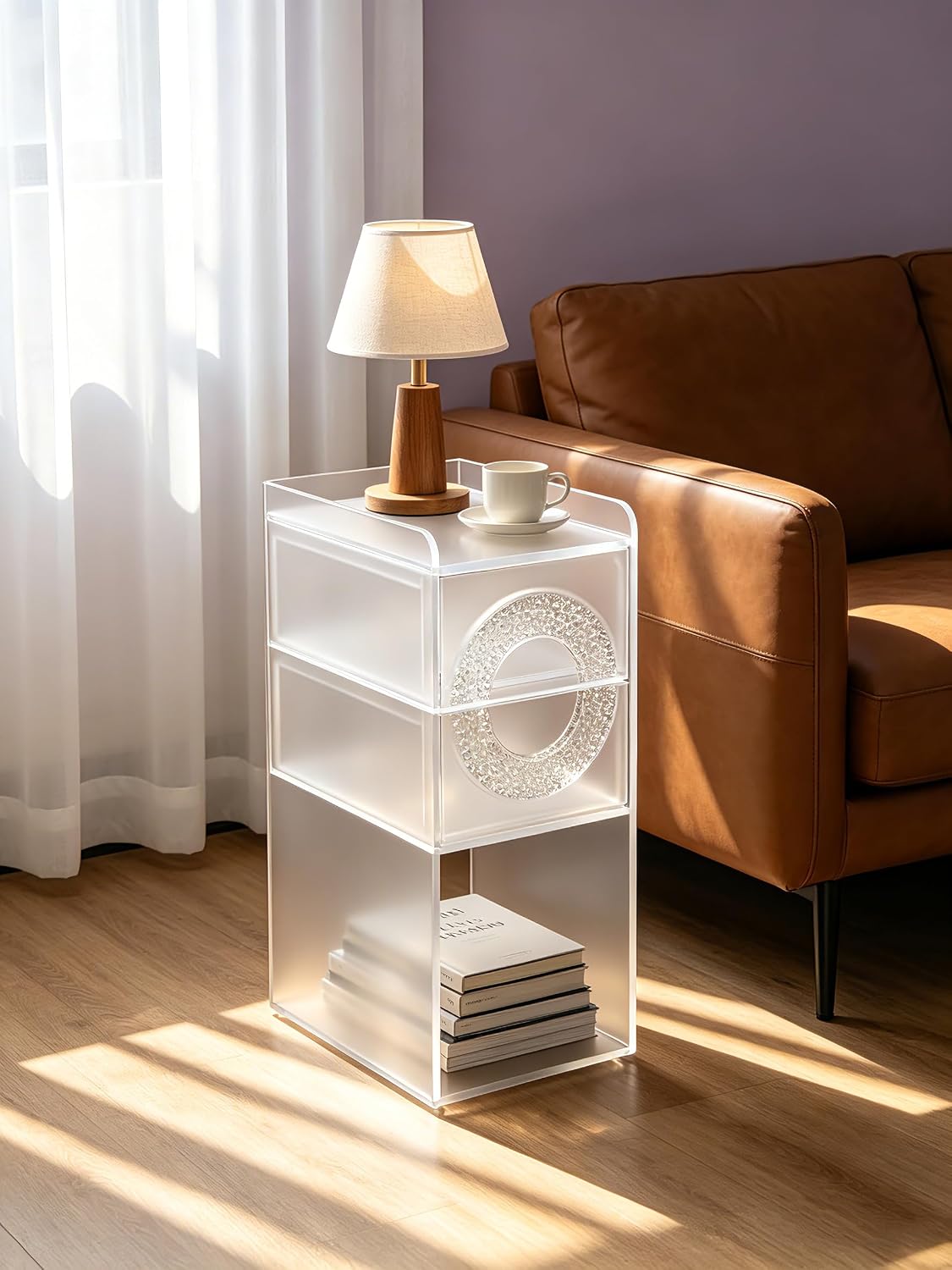 Frosted Acrylic Nightstand with 2 Drawers - Modern Slim Bedside Table for Small Spaces, 9" W x 12.6" D x 22.8" H